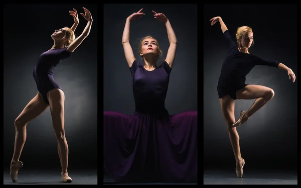 La joven hermosa bailarina bailando sobre un fondo negro. Collage. — Foto de Stock