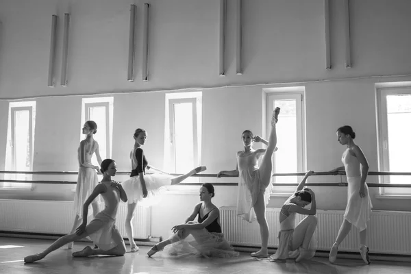 Семь балерин в балетном баре — стоковое фото