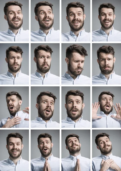 Uppsättning av ung mans porträtt med olika känslor — Stockfoto
