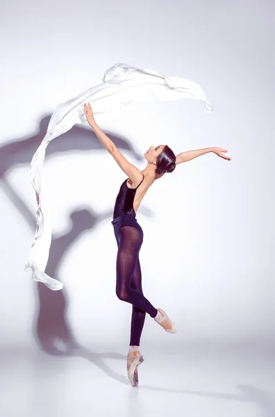 Ballerina in black outfit posing on toes, studio background. — Stock Photo, Image