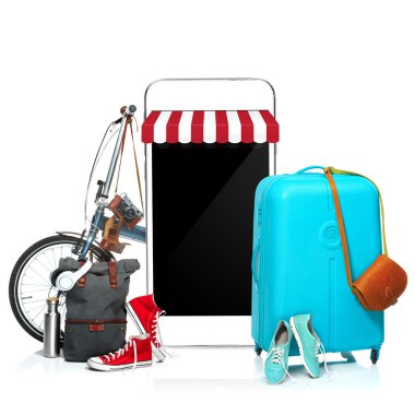 Mavi çanta, Ayakkabı, giyim, şapka ve beyaz arka plan üzerinde telefon.