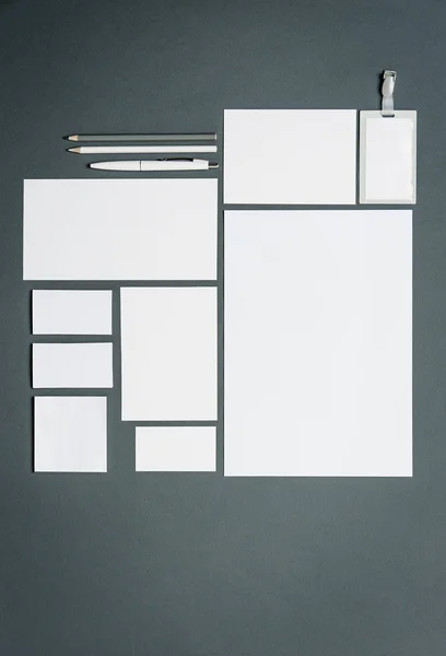 Modèle d'affaires maquillé avec cartes, papiers, stylo. Fond gris . — Photo