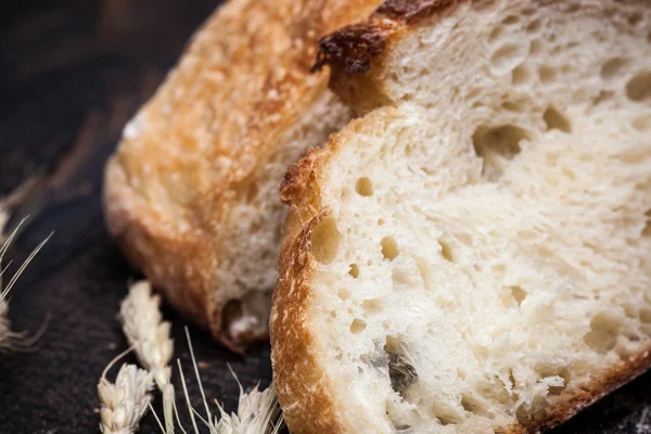 Macro Vista Del Pane Rustico Vecchio Tavolo Legno Vintage Sfondo — Foto Stock