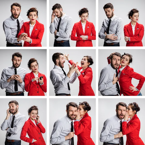 De collage van beelden van jonge zakenman en zakenvrouw op grijze achtergrond — Stockfoto