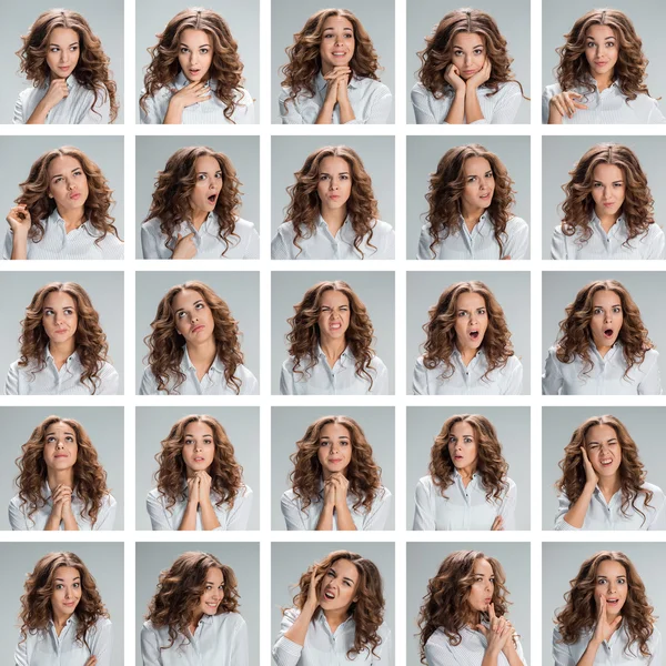 Колаж від різних жіночих емоцій на сірому фоні — стокове фото