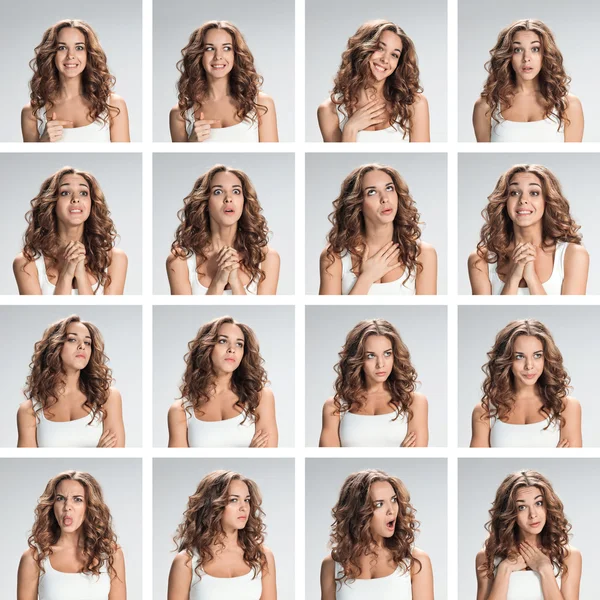 The collage from different woman emotions on gray background — Stock Photo, Image