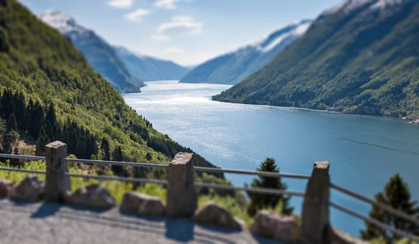 The tili-shift image of scenic landscapes with Norwegian fjords. — Stock Photo, Image