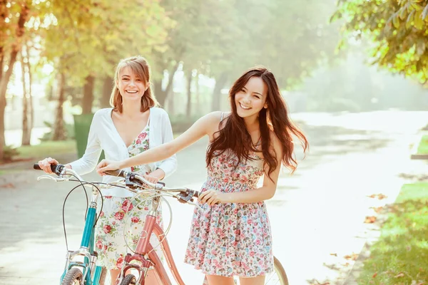 Две молодые девушки с велосипедами в парке — стоковое фото