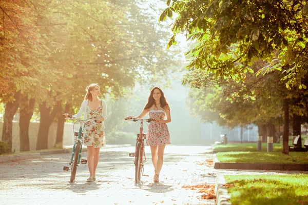 De twee jonge meisjes met fietsen in park — Stockfoto