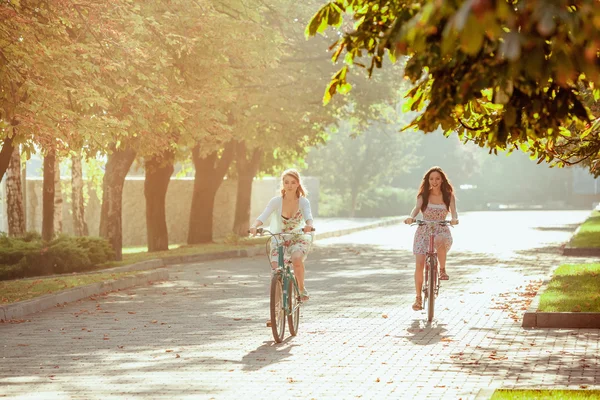 Dwie młode dziewczyny z rowerów w parku — Zdjęcie stockowe