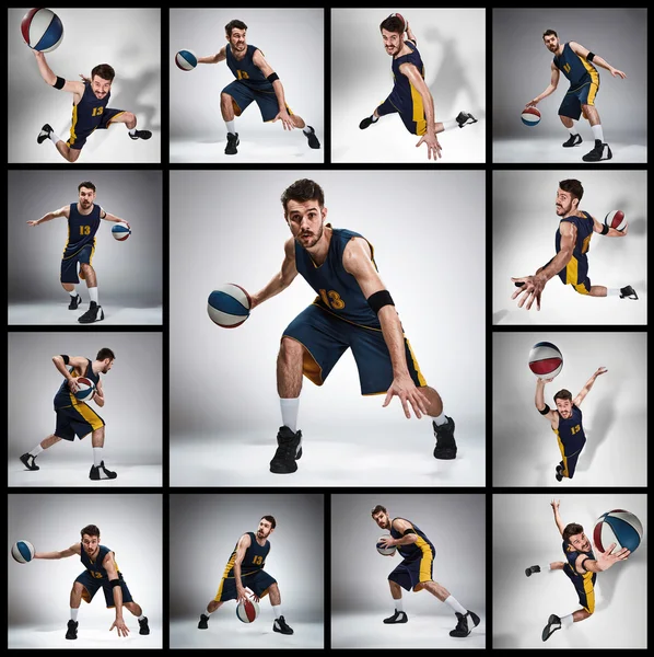 Колаж баскетбольних фотографій м'яч в руках і чоловічий гравець — стокове фото