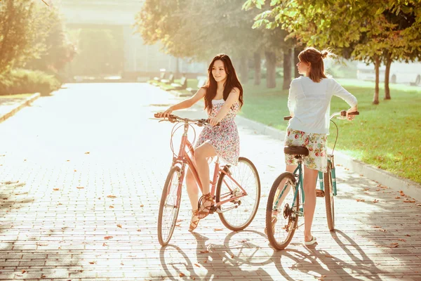 De twee jonge meisjes met fietsen in park — Stockfoto