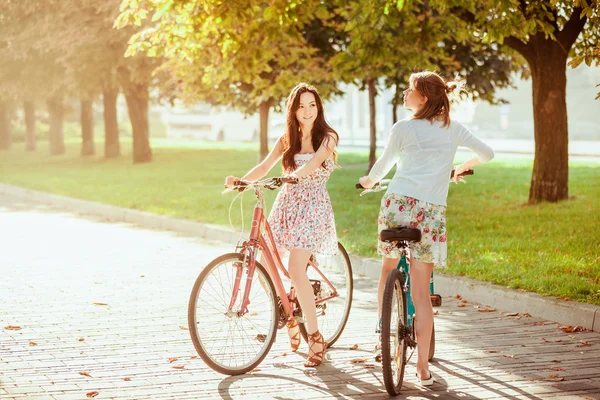 De twee jonge meisjes met fietsen in park — Stockfoto