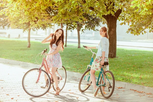 De twee jonge meisjes met fietsen in park — Stockfoto