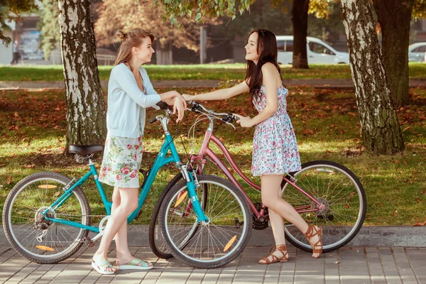 As duas meninas com bicicletas no parque — Fotografia de Stock