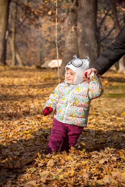 Küçük bebek kız ayakta sonbahar yaprakları — Stok fotoğraf