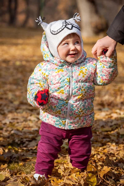 The little baby girl standing in autumn leaves — Stock Photo, Image