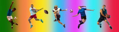 Profesyonel sporcuların sportif kolajı çok renkli arka plan, broşür