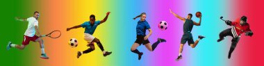 Profesyonel sporcuların sportif kolajı çok renkli arka plan, broşür