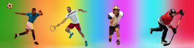 Profesyonel sporcuların sportif kolajı çok renkli arka plan, broşür