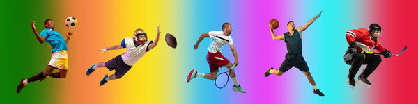 Sport collage of professional athletes on gradient multicolored background, flyer