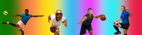 Sport collage of professional athletes on gradient multicolored background, flyer — Stock Photo, Image