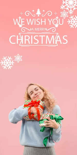 Girl hugging gifts, greeting with New Year 2021 and Christmas. Flyer with copyspace — Stock Photo, Image