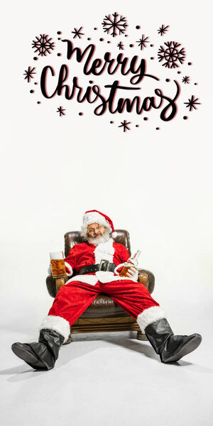 Emotional Santa Claus greeting with New Year 2021 and Christmas. Flyer with copyspace