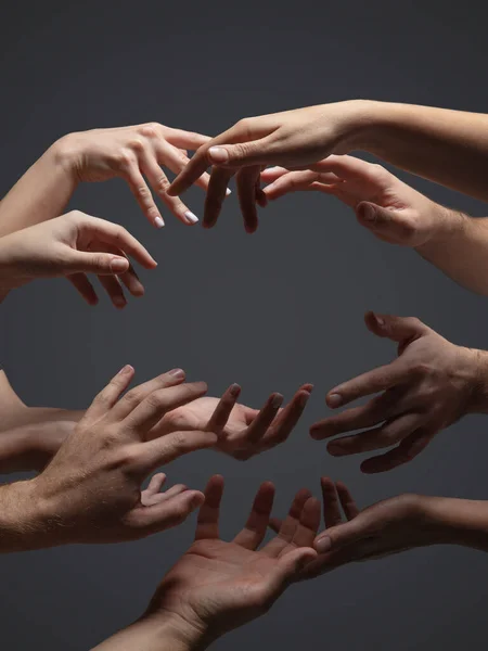 Las manos de la gente se agolpan en contacto aisladas sobre fondo gris del estudio. Concepto de relación humana, comunidad, unidad, simbolismo — Foto de Stock