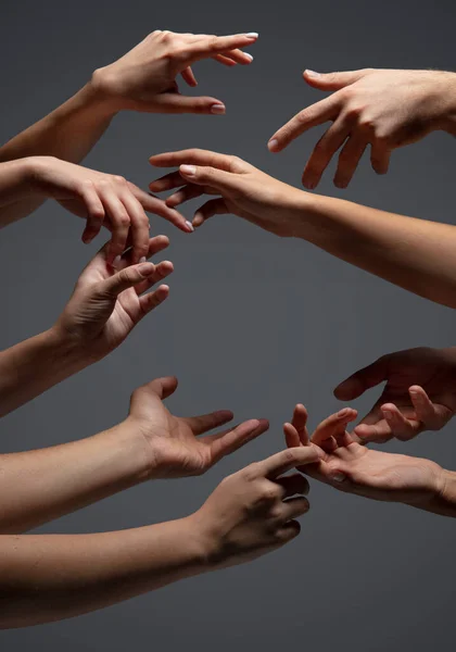 Auf grauem Studiohintergrund drängen sich Hände von Menschen in Berührung. Konzept menschlicher Beziehung, Gemeinschaft, Zusammengehörigkeit, Symbolik — Stockfoto