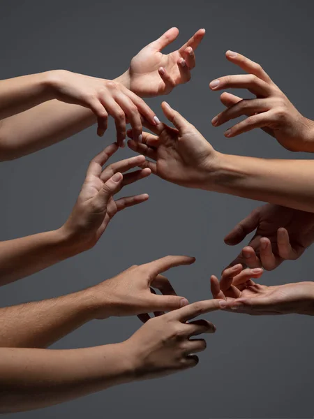 Las manos de la gente se agolpan en contacto aisladas sobre fondo gris del estudio. Concepto de relación humana, comunidad, unidad, simbolismo — Foto de Stock