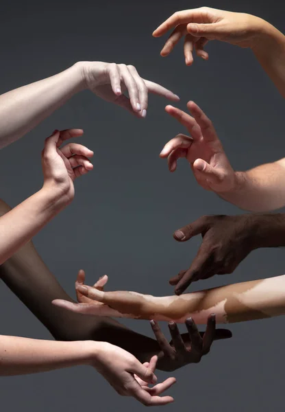 Mâinile diferitelor persoane în contact izolate pe fundalul studioului gri. Conceptul de relație umană, comunitate, unire, incluziune — Fotografie, imagine de stoc