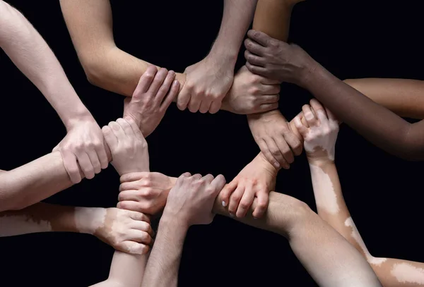 Hands of different people in touch isolated on black studio background. Concept of human relation, community, togetherness, inclusion — Stock Photo, Image