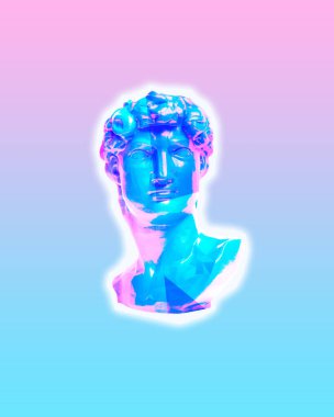Trendy neon lighted statue portrait and background. Modern design. Contemporary art collage.