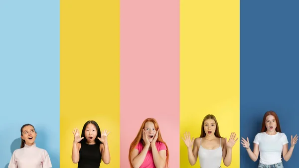 Young people look astonished, wondered on multicolored background. Human emotions, facial expression concept. Trendy colors. Creative collage. — Stock Photo, Image