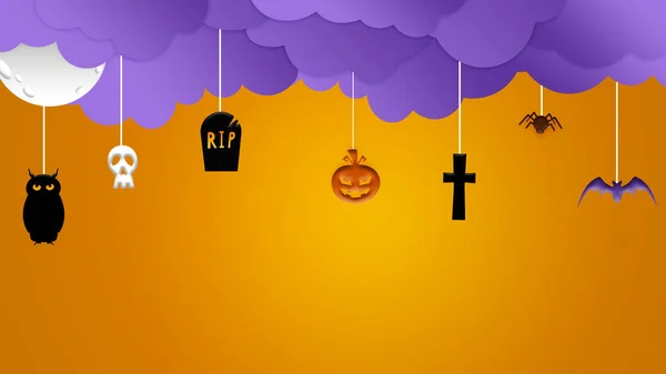 Cartoon styled skulls and purple clouds on orange background, the night of fear