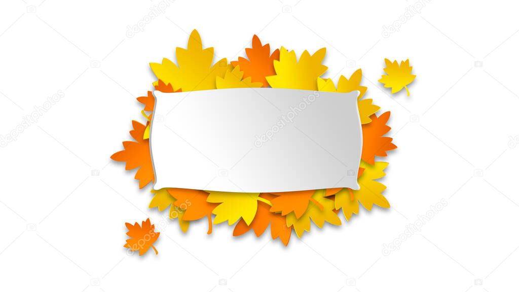 White sheet with copyspace on bunch of autumn golden-orange leaves isolated on white background