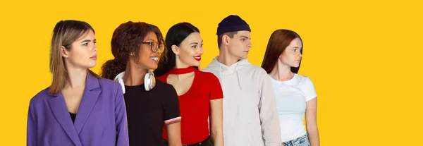 Portrait of young people on bright yellow studio background, collage — Stock Photo, Image