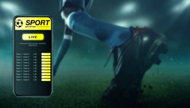 Bahisler ve skorlar için mobil uygulamalı akıllı telefon ekranı, arka planda sporcu