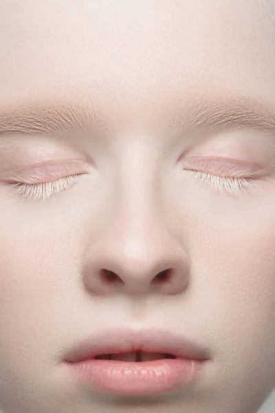 Close up retrato de bela mulher albina isolado no fundo do estúdio. Beleza, moda, cuidados com a pele, conceito de cosméticos. Detalhes. — Fotografia de Stock