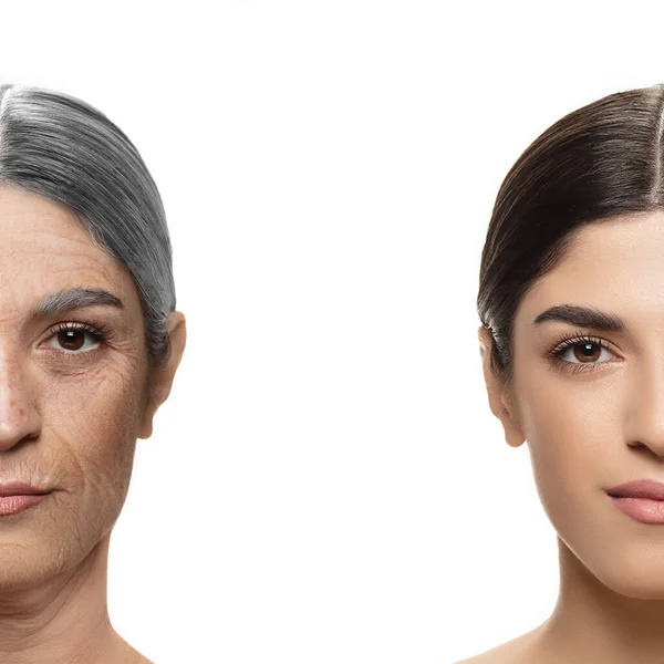 Comparación. Retrato de mujer hermosa con problema y piel limpia, envejecimiento y concepto de juventud, tratamiento de belleza y elevación. —  Fotos de Stock