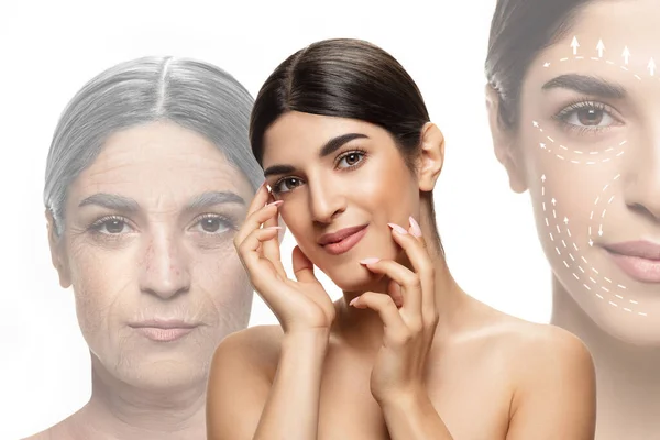 Comparación. Retrato de mujer hermosa con problema y piel limpia, envejecimiento y concepto de juventud, tratamiento de belleza y elevación. —  Fotos de Stock