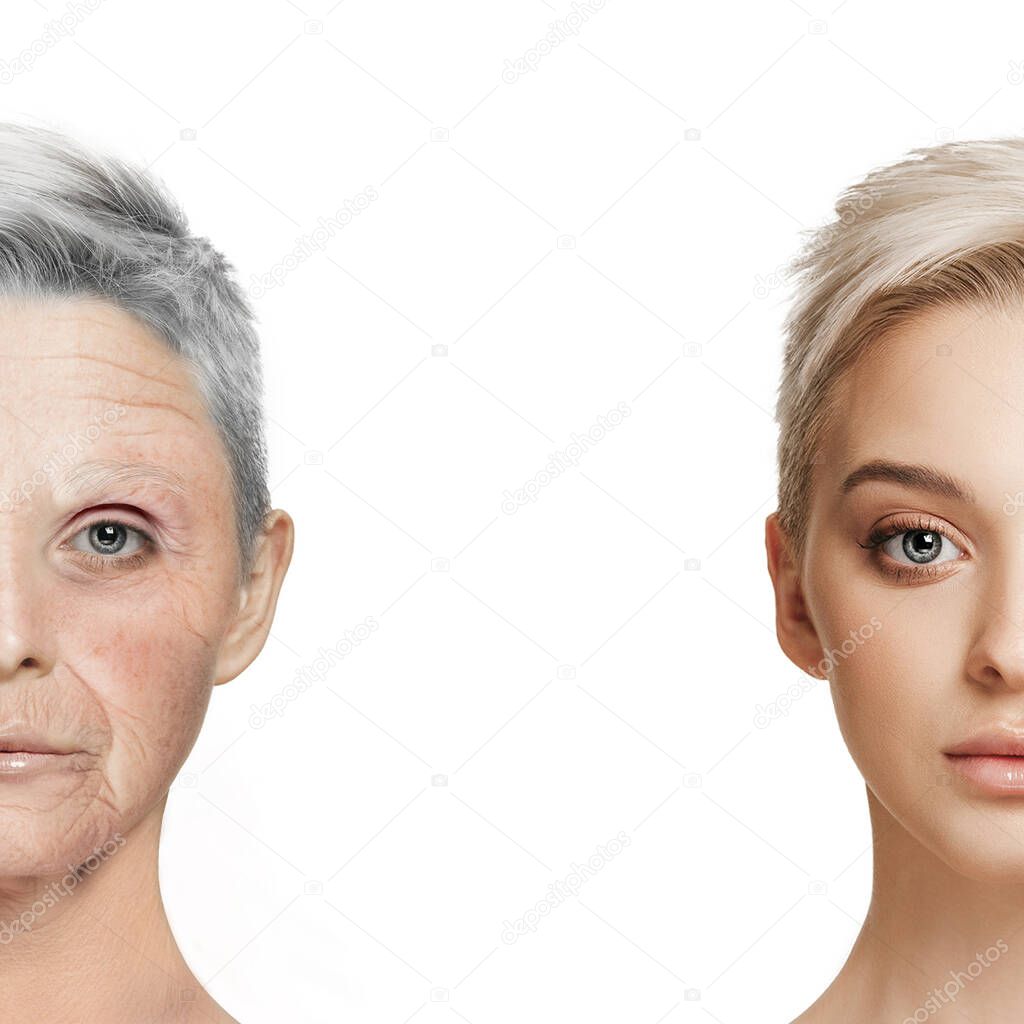 Comparison. Portrait of beautiful woman with problem and clean skin, aging and youth concept, beauty treatment and lifting.