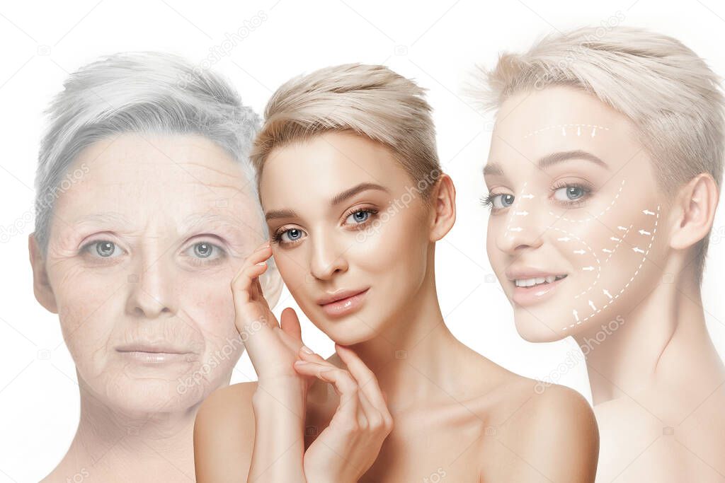 Comparison. Portrait of beautiful woman with problem and clean skin, aging and youth concept, beauty treatment and lifting.