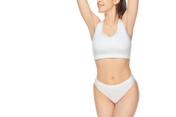 Hermosa mujer en ropa interior aislada sobre fondo blanco. Belleza, cosméticos, spa, depilación, dieta, tratamiento y concepto de fitness, pose sensual — Foto de Stock