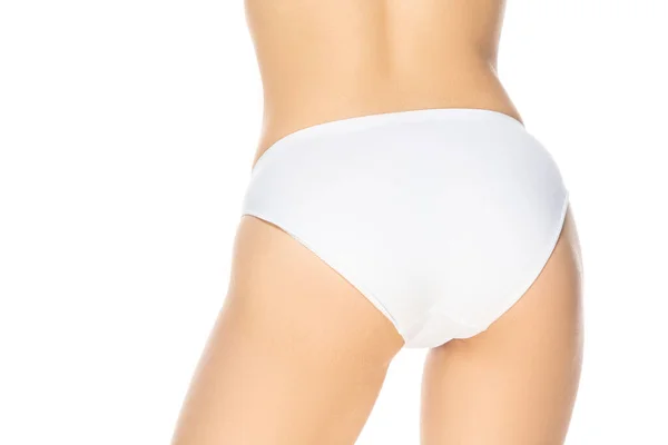 De cerca hermosa mujer en ropa interior aislada sobre fondo blanco. Belleza, cosméticos, spa, depilación, dieta, tratamiento y concepto de fitness, pose sensual — Foto de Stock