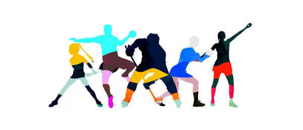 Sportovní koláž z kreslení sportovců s jasnými tekutými barvami izolované na bílém pozadí studia — Stock fotografie