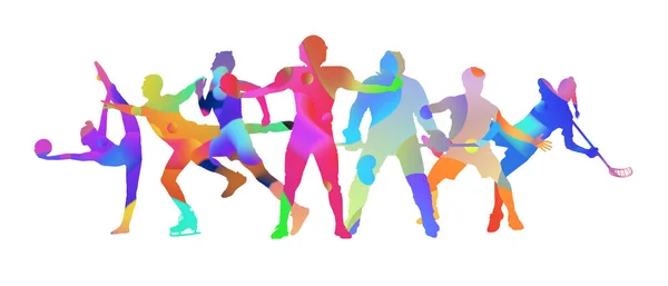 Collage sportivo fatto di disegno sportivi con colori fluidi luminosi isolati su sfondo bianco studio — Foto Stock