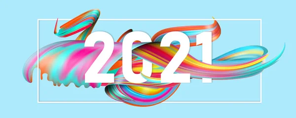 Boldog új évet 2021-ben. Ünnepi hullámos folyadék többszínű vonalak és felirat a kék háttér, vízszintes szórólap — Stock Fotó