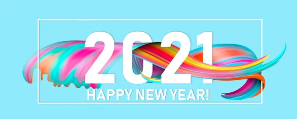新的2021年快乐。假日波浪形流动的彩色线条和蓝色背景的字母，水平传单 — 图库照片